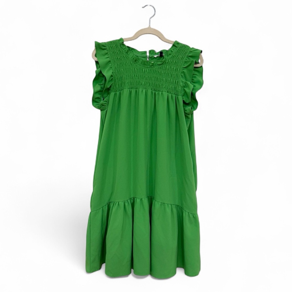 Ruffle Sleeve Green Smocked Dress Michelle McDowell Medium